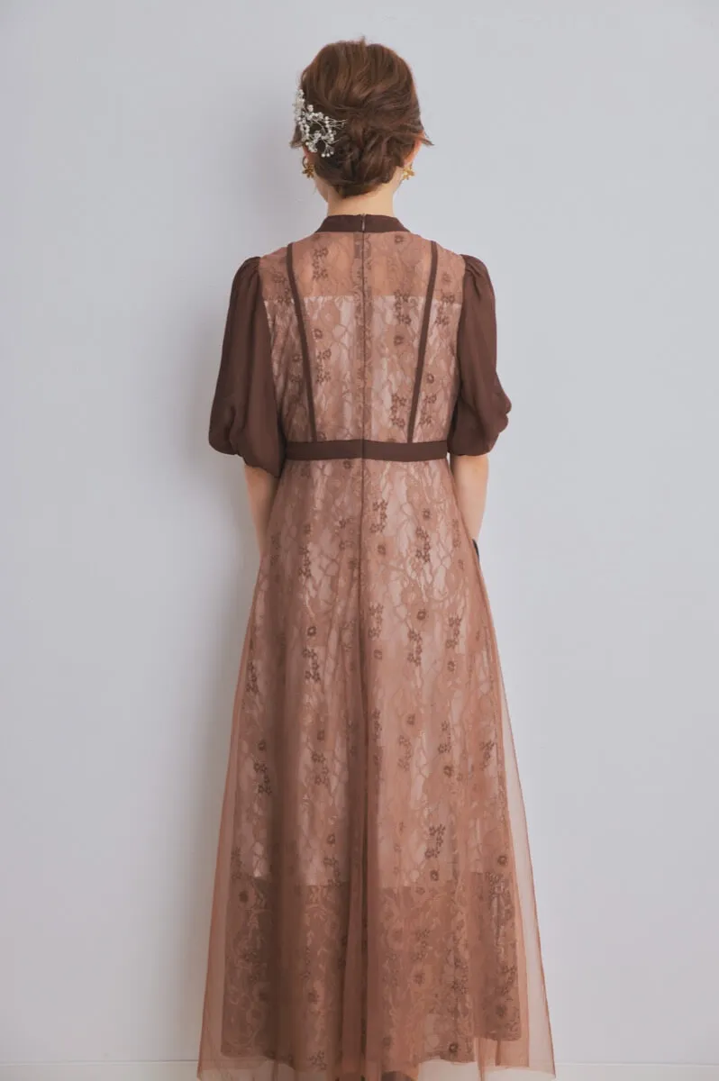 ブラウンのハイウエストチュールレースドレス