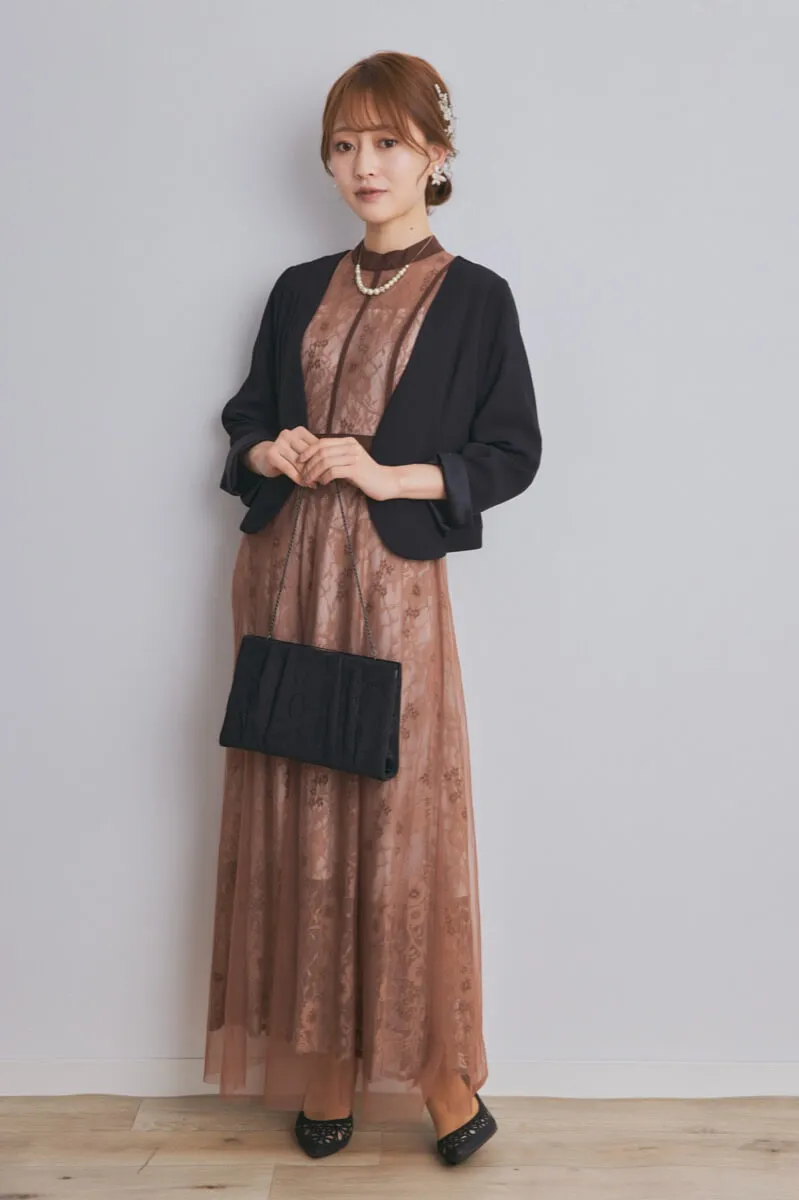 ブラウンのハイウエストチュールレースドレス