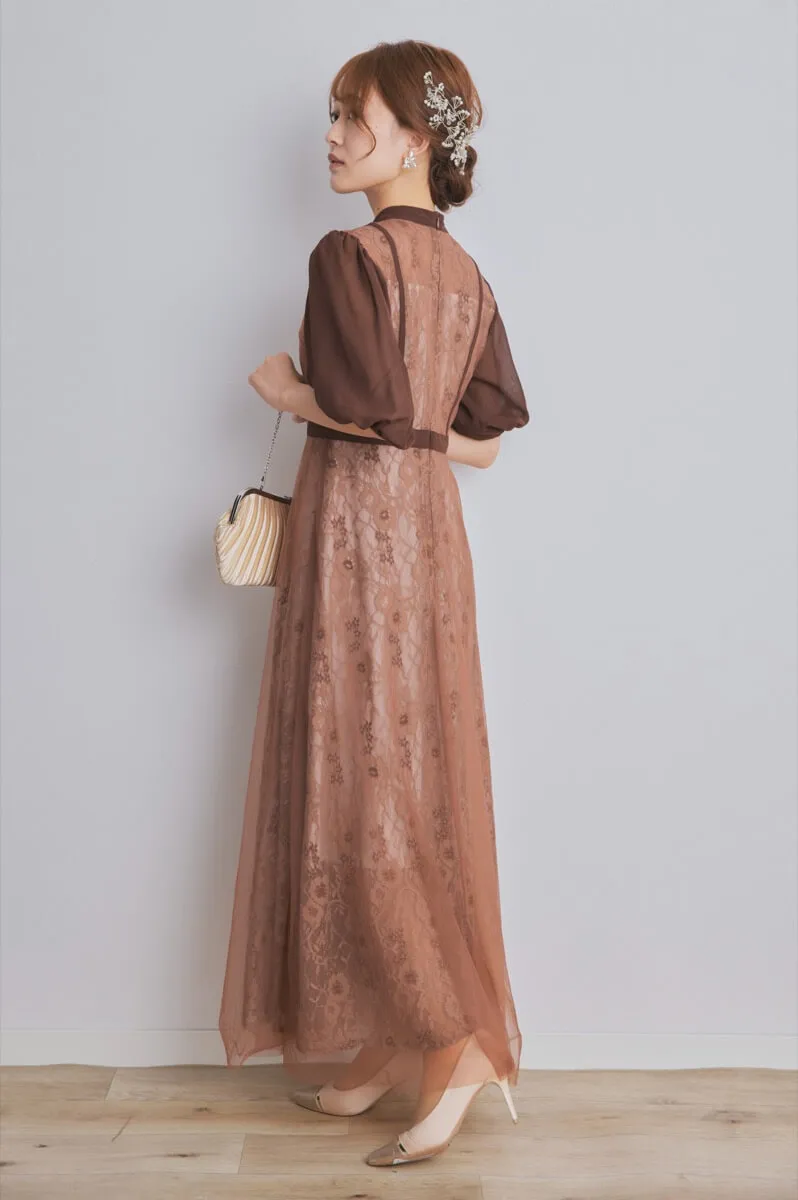 ブラウンのハイウエストチュールレースドレス