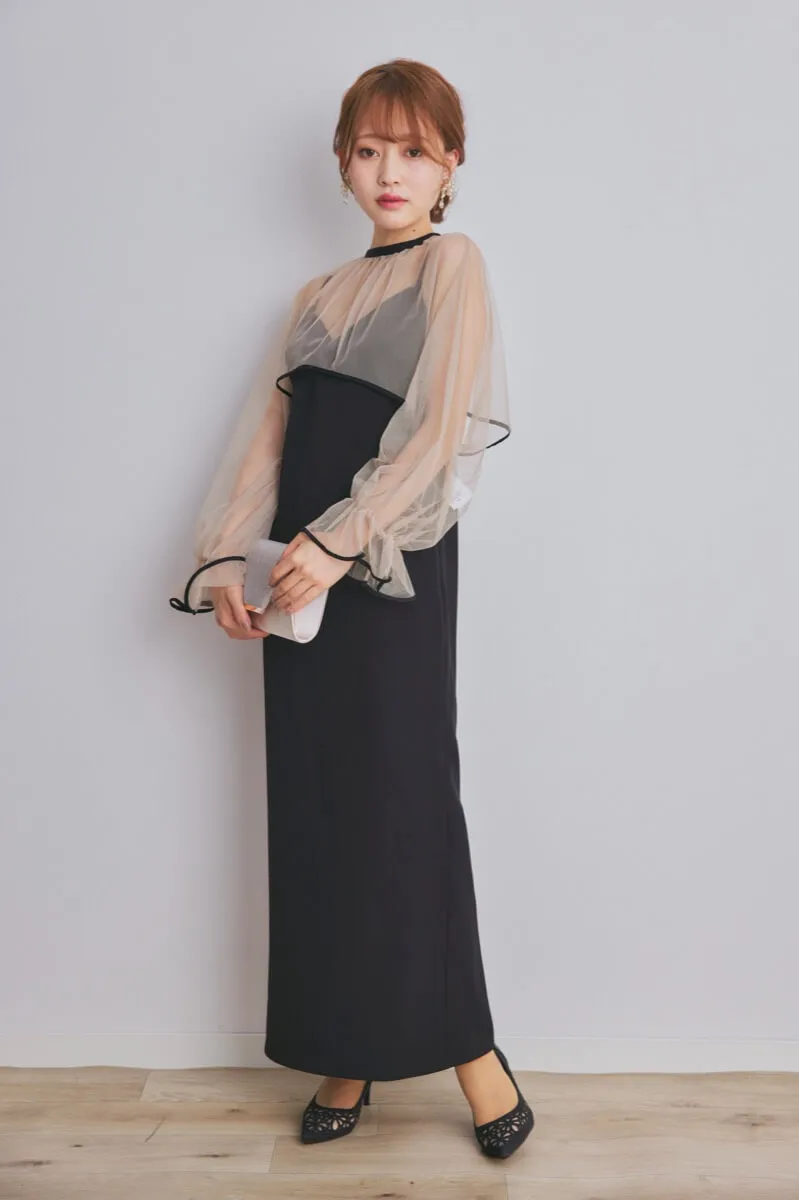 ブラックのチュールトップスレイヤードドレス