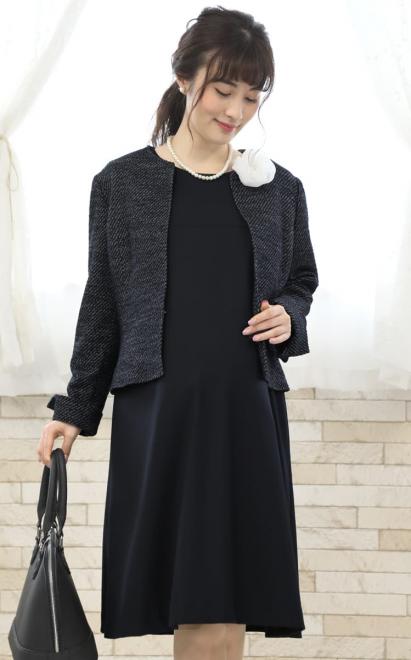 ネイビーの七分袖授乳口付フレアラインセレモニースーツセット