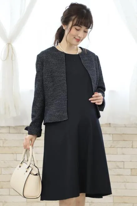 ネイビーの七分袖授乳口付フレアラインセレモニースーツセット