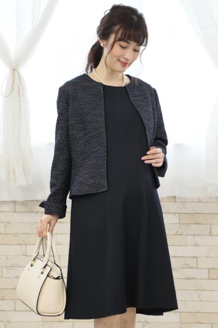 ネイビーの七分袖授乳口付フレアラインセレモニースーツセット