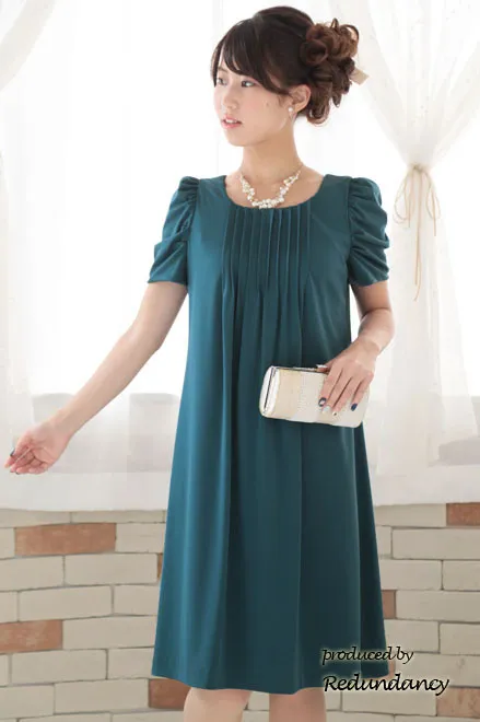 ブルーグリーンのパフスリーブタックドレス