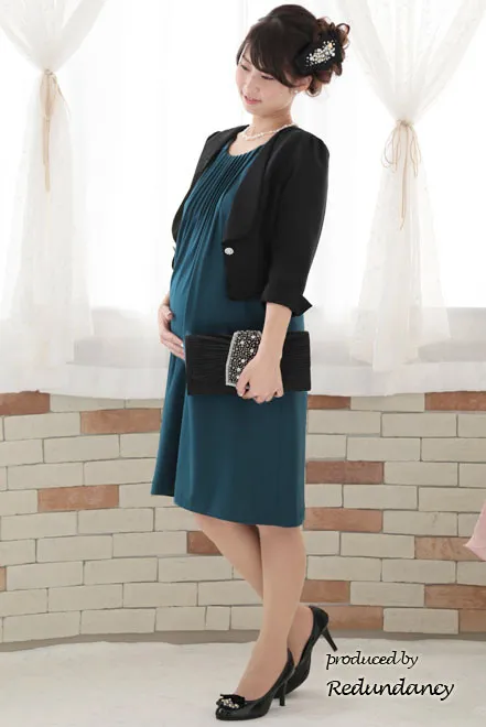 ブルーグリーンのパフスリーブタックドレス