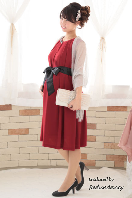 レッドのビジューネック2wayタックドレス