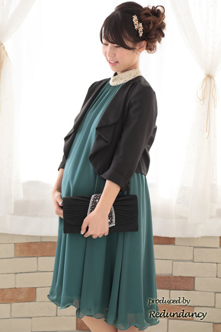 グリーン×ゴールドのハイネック刺繍アメリカンスリーブドレス