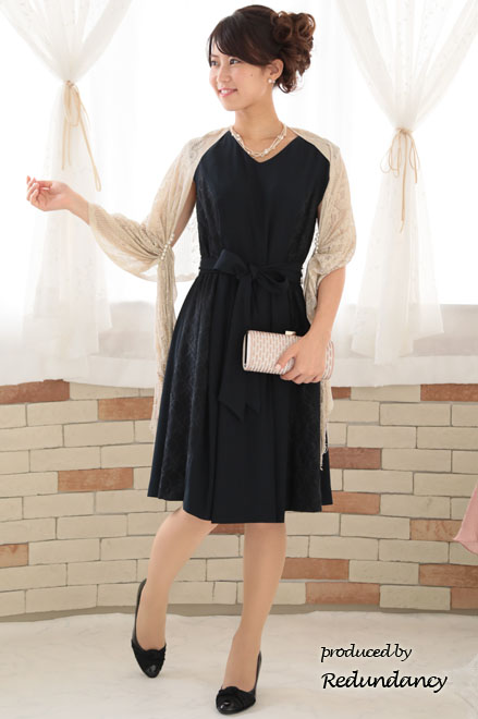 ネイビーのサイドレース切替ウエストリボン付きドレス