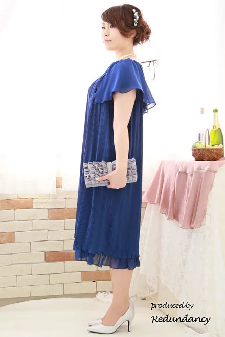 ブルーの袖付きプリーツドレス