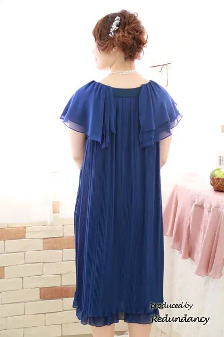 ブルーの袖付きプリーツドレス