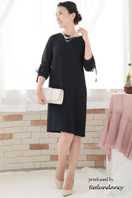 ネイビーの2way袖リボンIラインドレス