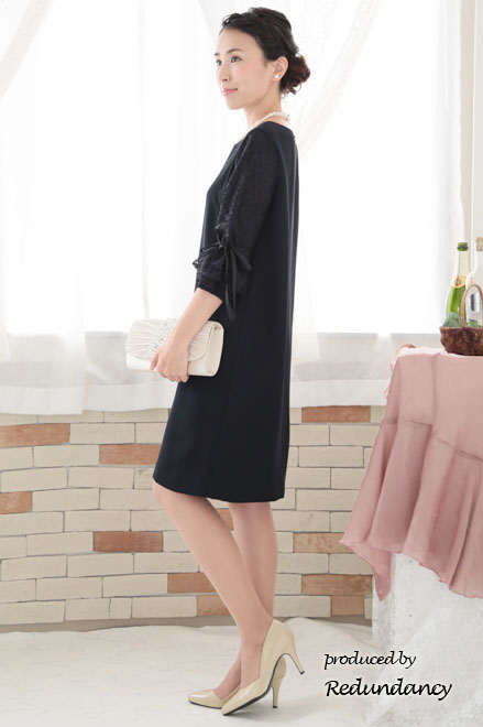 ネイビーの2way袖リボンIラインドレス