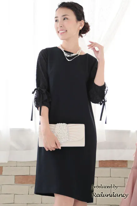 ネイビーの2way袖リボンIラインドレス