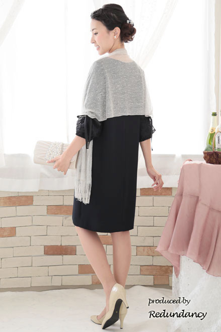 ネイビーの2way袖リボンIラインドレス