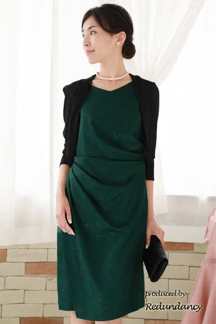 グリーンのウエストドレープ花柄ドレス