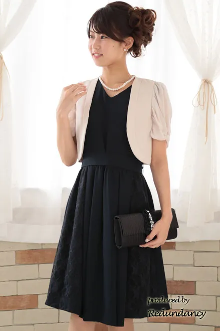 ネイビーのサイドレース切替ウエストリボン付きドレスコーディネートセット