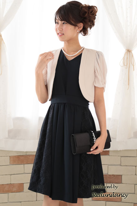 ネイビーのサイドレース切替ウエストリボン付きドレスコーディネートセット