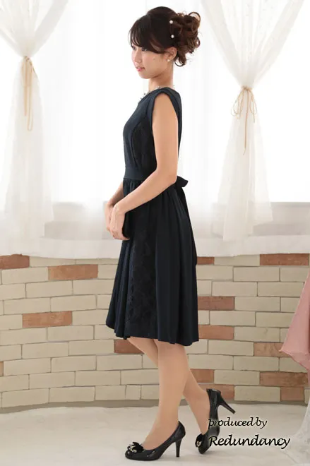 ネイビーのサイドレース切替ウエストリボン付きドレスコーディネートセット