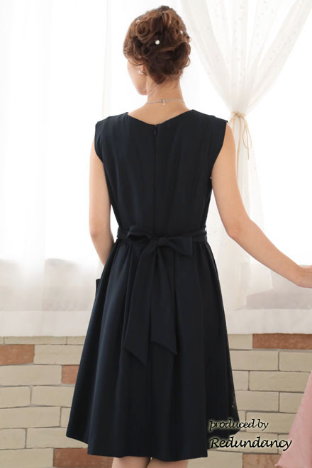 ネイビーのサイドレース切替ウエストリボン付きドレスコーディネートセット