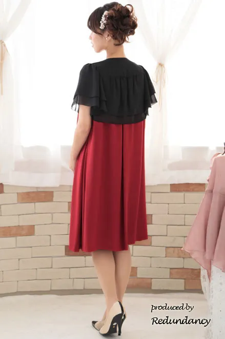 レッドのビジューネック2wayタックドレスコーディネートセット