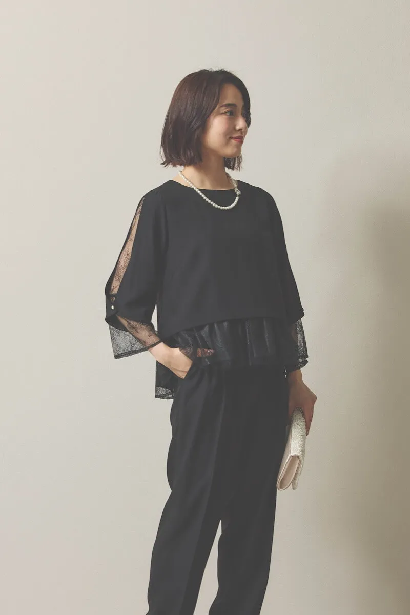 ブラックのペプラムレースパンツドレス