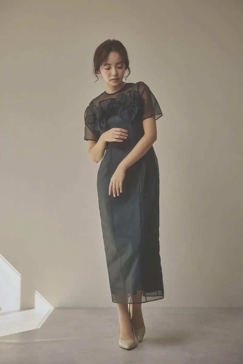 ブラックのオーガンジーフラワーモチーフドレス