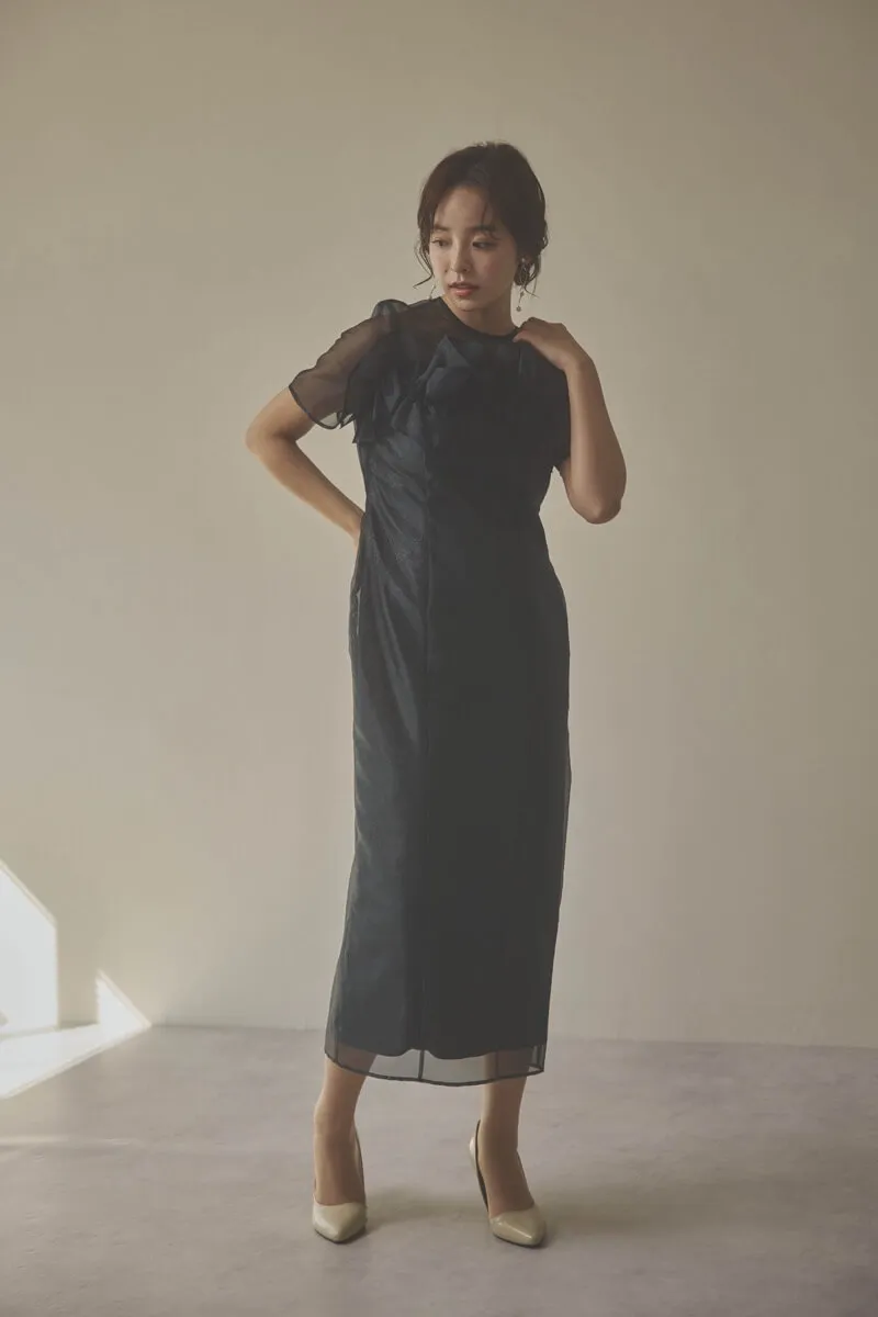 ブラックのオーガンジーフラワーモチーフドレス