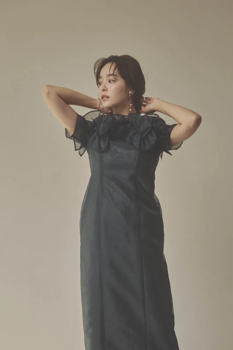 ブラックのオーガンジーフラワーモチーフドレス