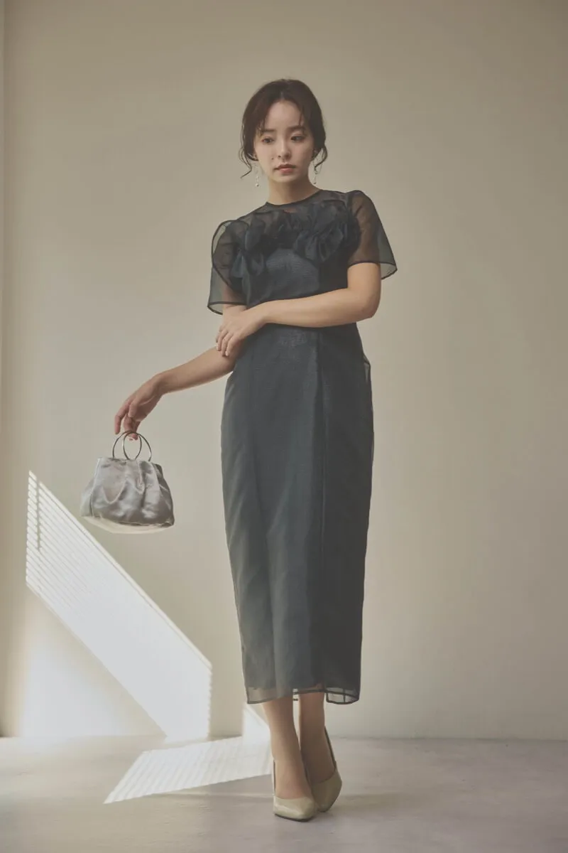 ブラックのオーガンジーフラワーモチーフドレス