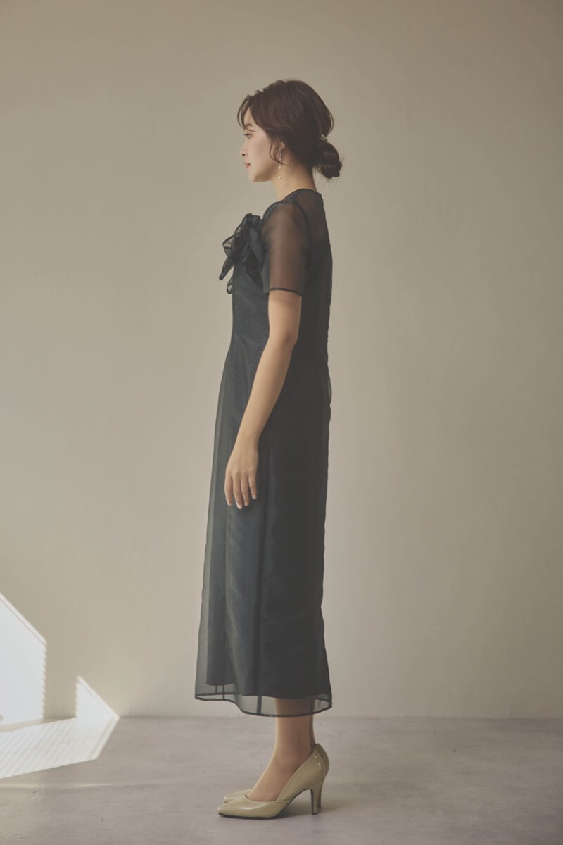 ブラックのオーガンジーフラワーモチーフドレス