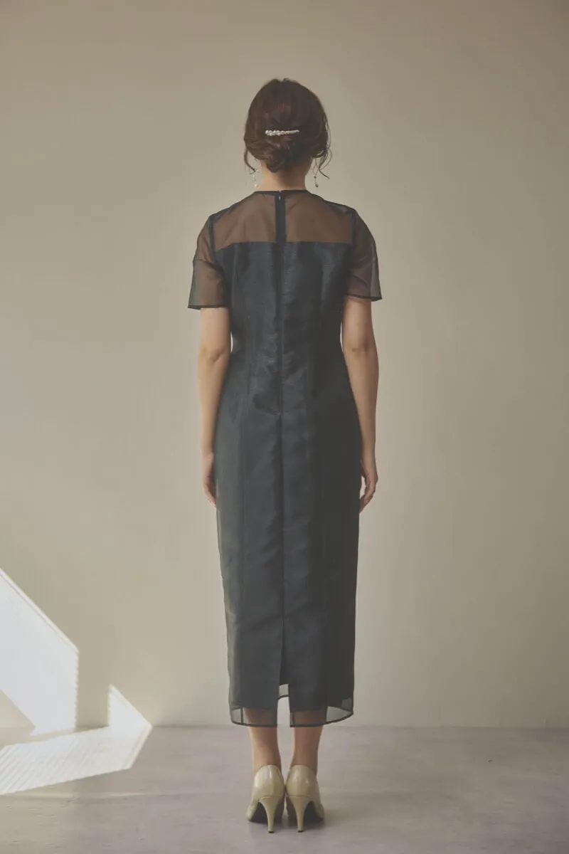 ブラックのオーガンジーフラワーモチーフドレス