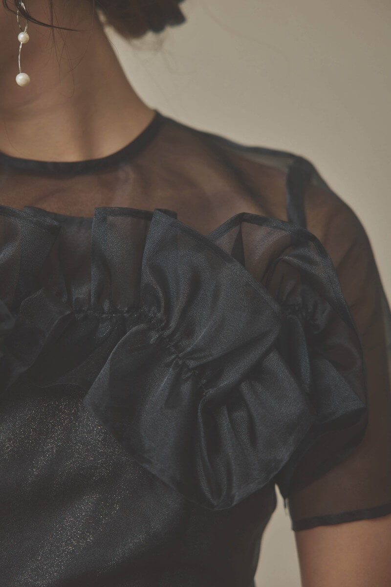 ブラックのオーガンジーフラワーモチーフドレス