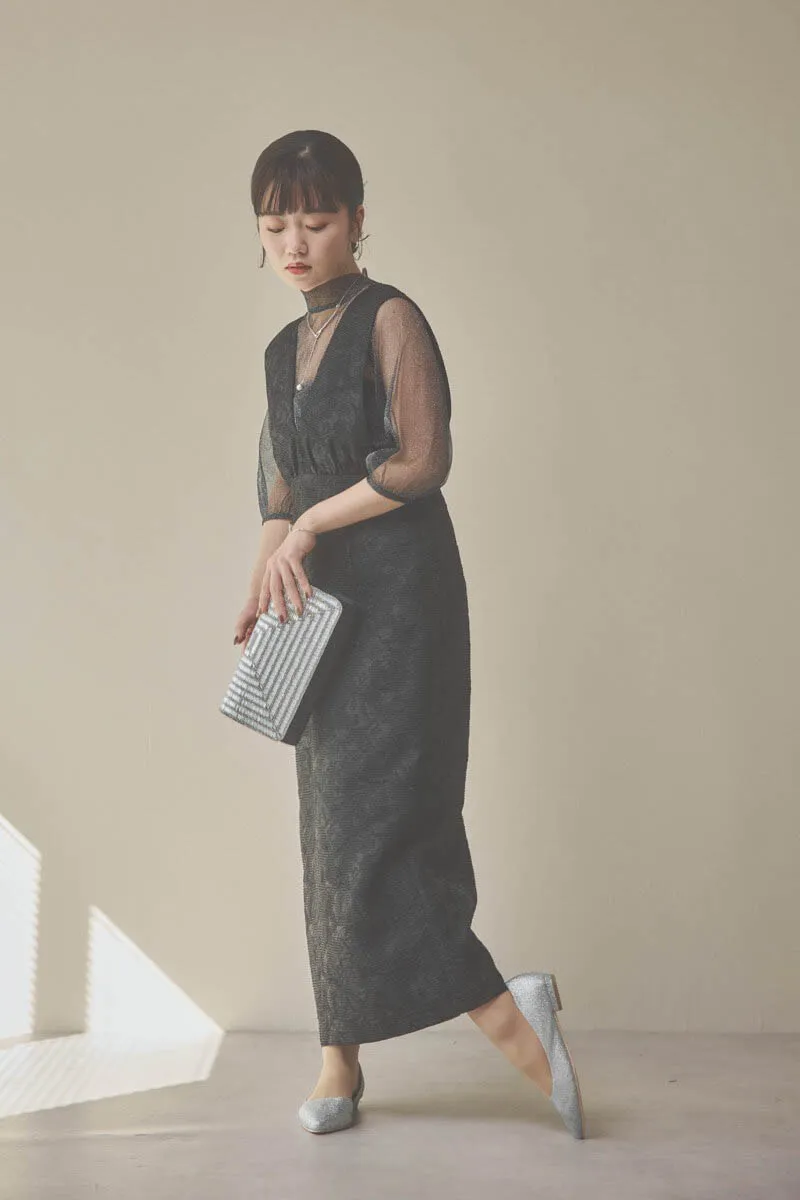 ブラックのチュールトップスラメジャガードドレス