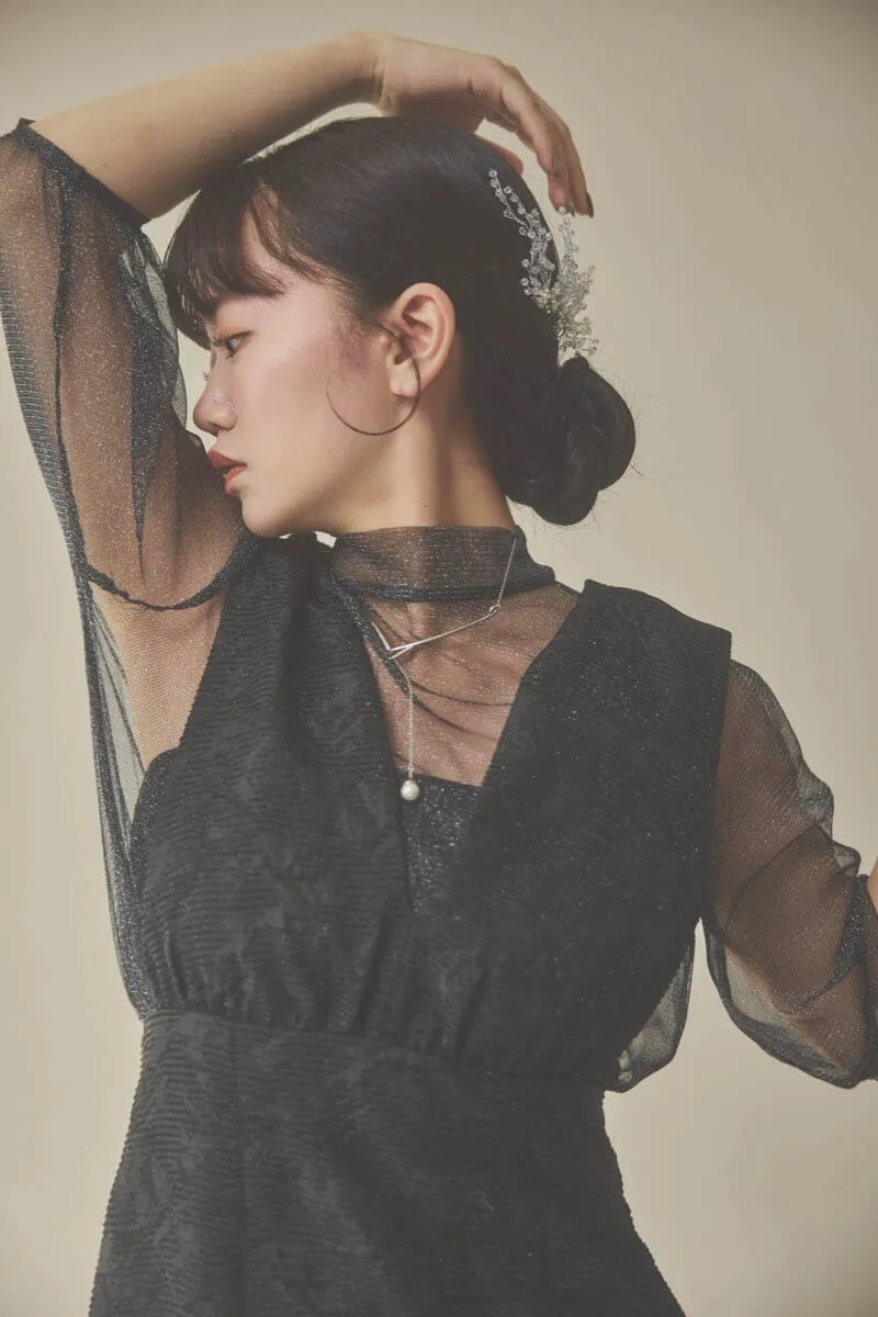 ブラックのチュールトップスラメジャガードドレス