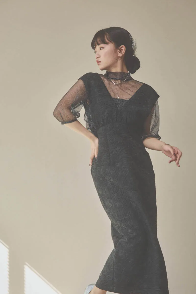 ブラックのチュールトップスラメジャガードドレス