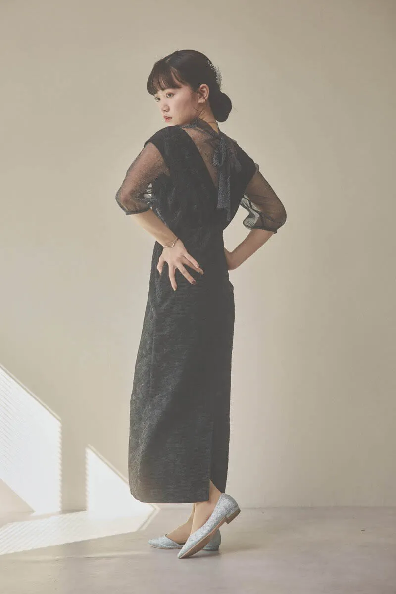 ブラックのチュールトップスラメジャガードドレス