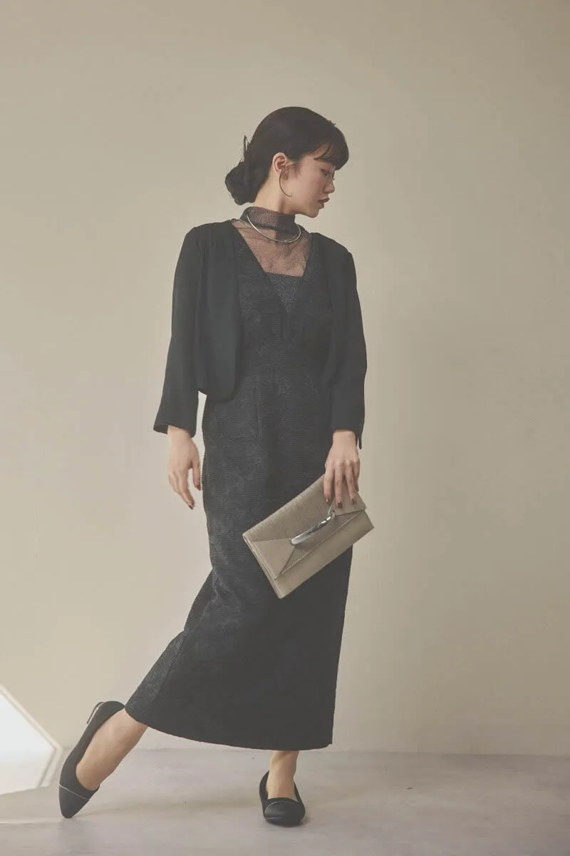 ブラックのチュールトップスラメジャガードドレス