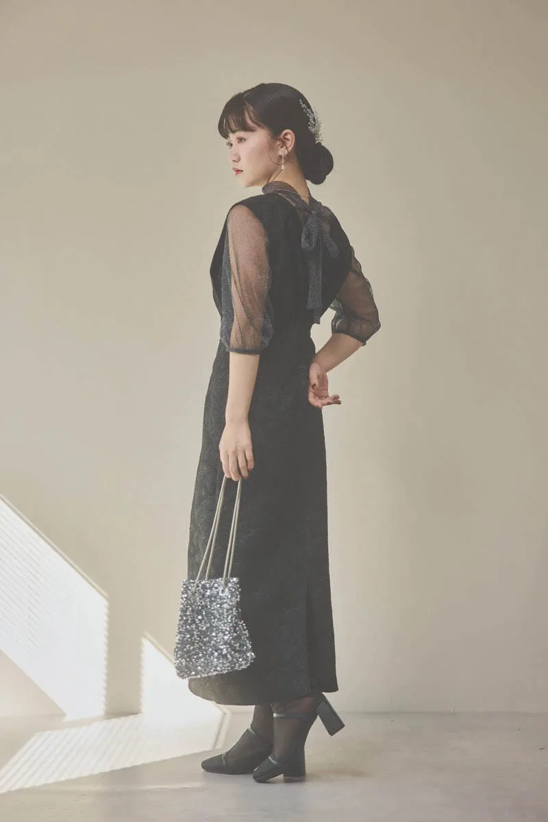 ブラックのチュールトップスラメジャガードドレス