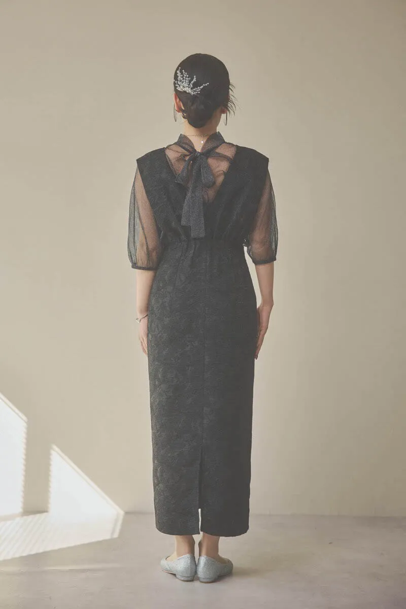 ブラックのチュールトップスラメジャガードドレス