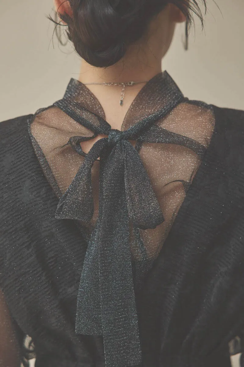 ブラックのチュールトップスラメジャガードドレス