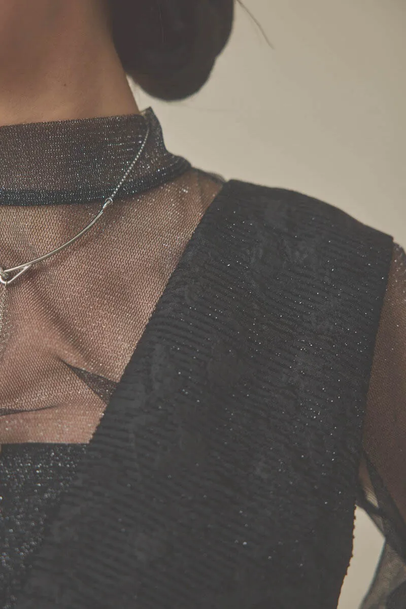 ブラックのチュールトップスラメジャガードドレス