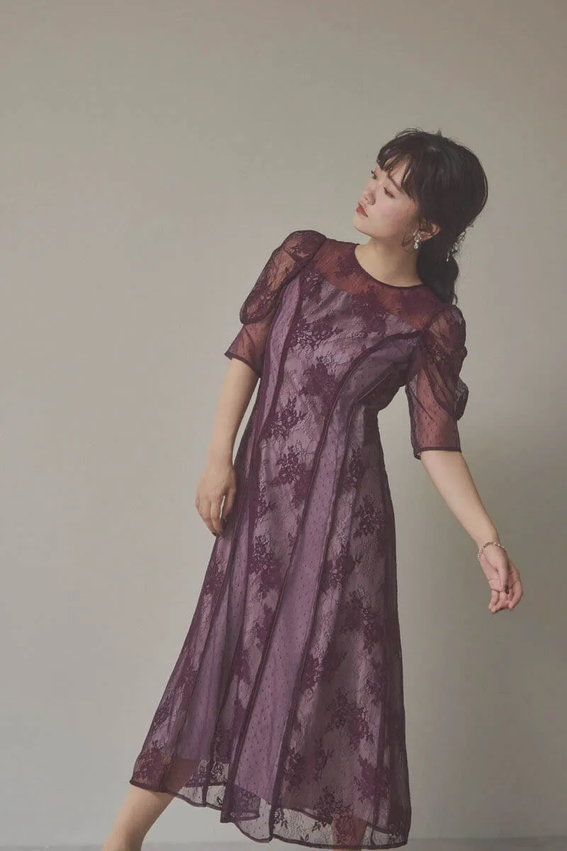 パープルの花柄×ドットレースドレス