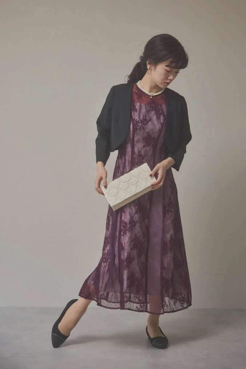 パープルの花柄×ドットレースドレス