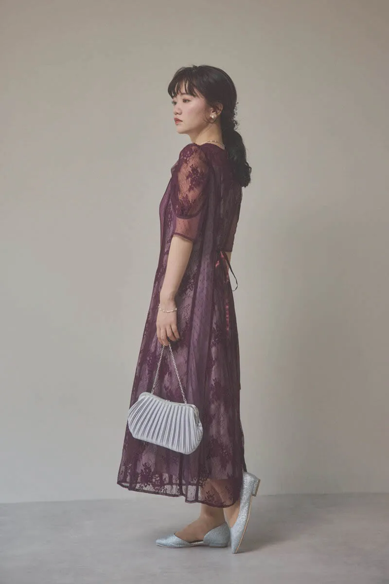 パープルの花柄×ドットレースドレス