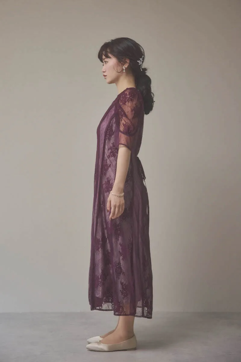 パープルの花柄×ドットレースドレス