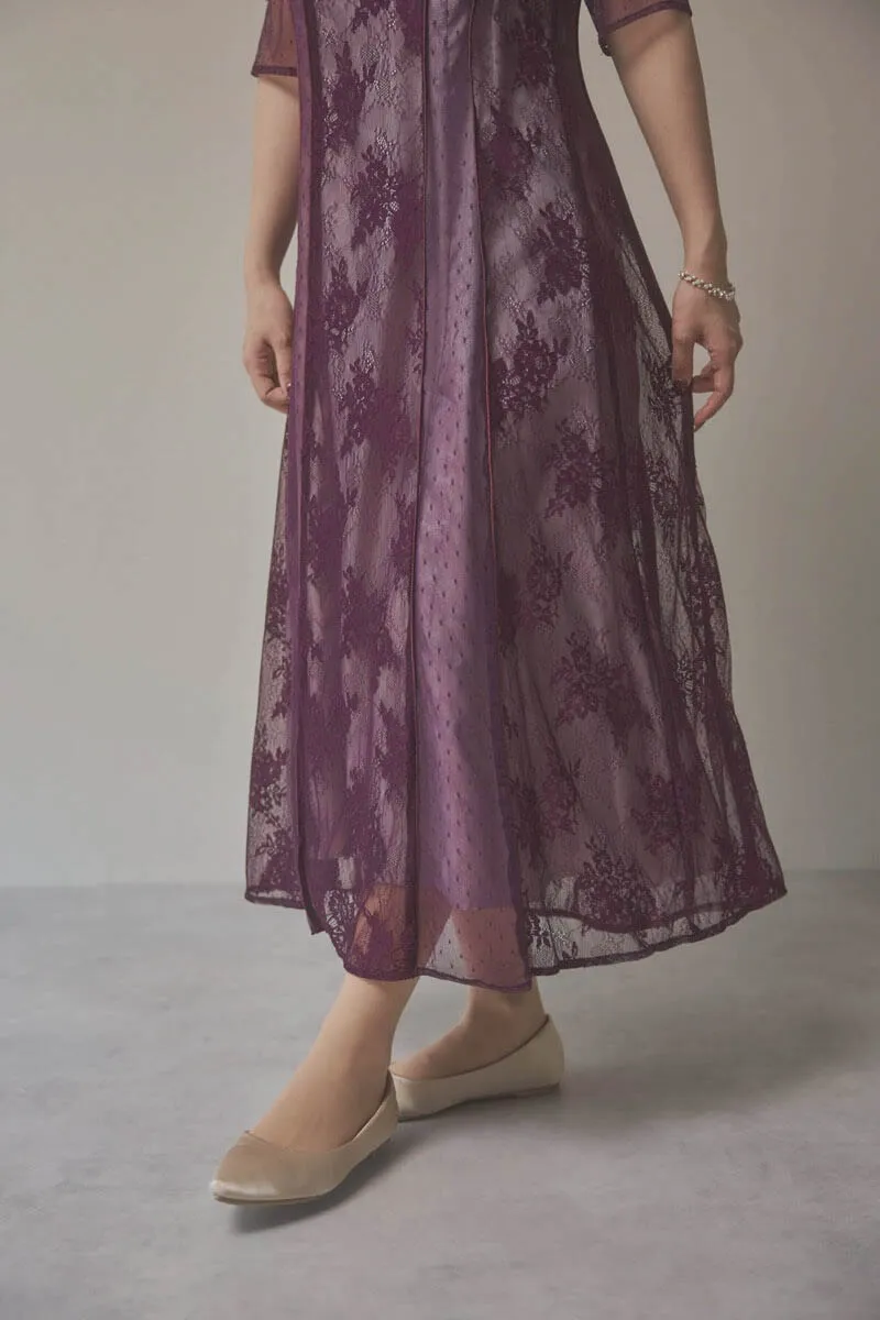パープルの花柄×ドットレースドレス