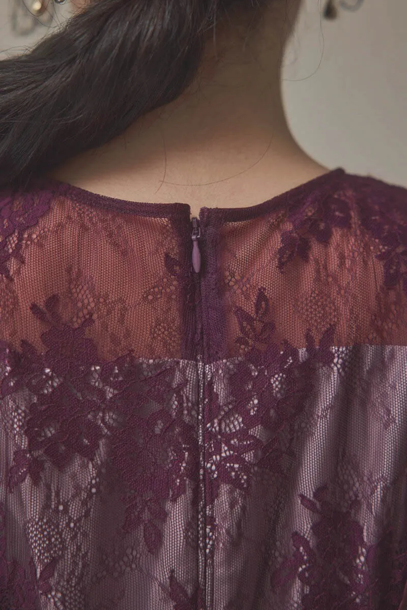 パープルの花柄×ドットレースドレス
