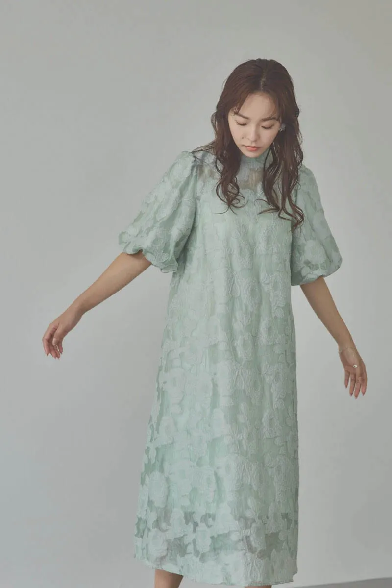 オリーブのボリュームスリーブフレアドレス