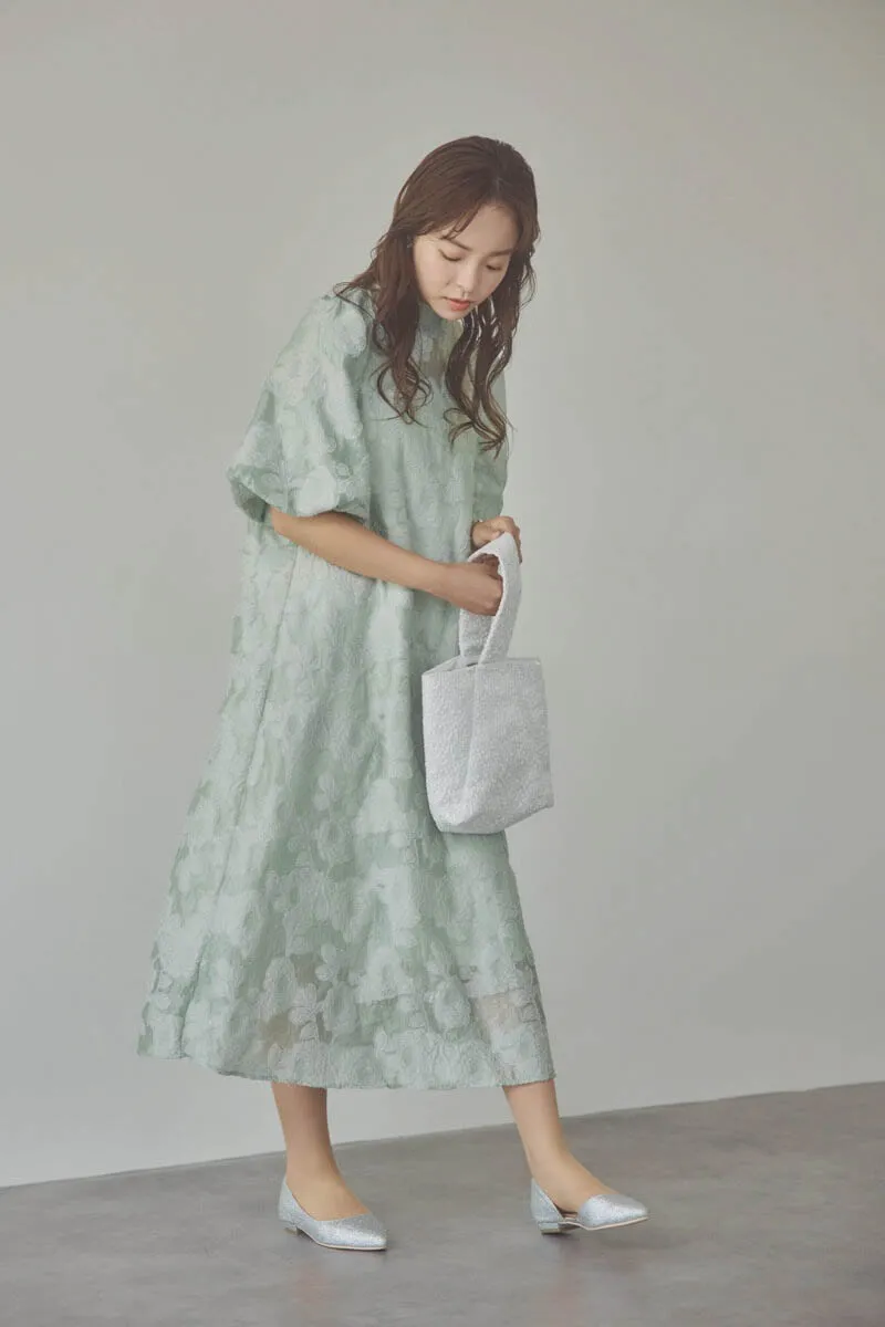 オリーブのボリュームスリーブフレアドレス