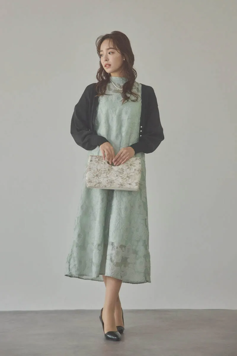 オリーブのボリュームスリーブフレアドレス